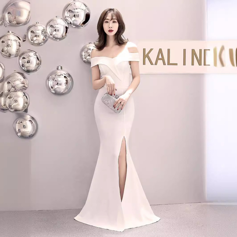 White New 2024 Long Off-shoulder Fishtail Evening Dress Shoulder Toast Party Little Split Dress