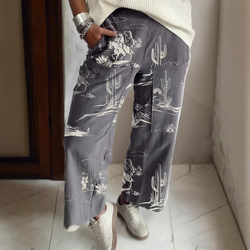 2026 Summer New High-Waisted Women's Jeans with Western Print, Multi-Pocket, Loose Straight-Leg Cotton Pants for Women