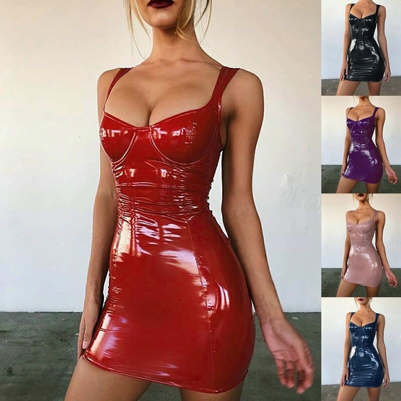 Sexy disco socialite goddess little sister bright light wrapped chest strap waist slimming PU leather strap dress Q176