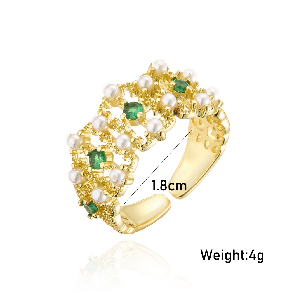 Fashion Real Gold Electroplated Copper Micro-inlaid Zircon Pearl Luxury Golden Open Ring display picture 1