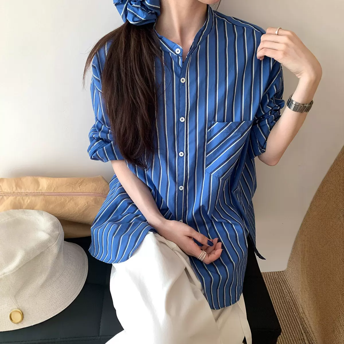 蓝色条纹衬衫女秋季新款韩版慵懒宽松衬衣开衫外套内搭长袖上衣