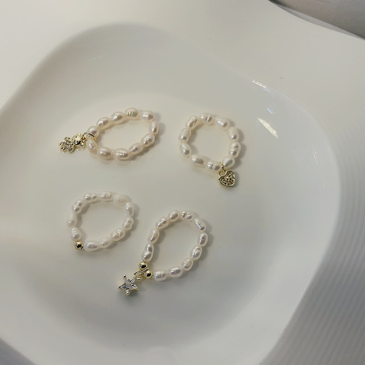 Holiday, Daily Occasion Freshwater Pearl Material Retro Simple Style Star Bear Heart Shape Freshwater Pearl Charm Rings