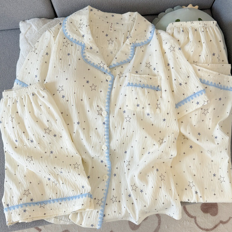 Manufacturer's Ready Stock Sweet Little Star Plus-Size Pajamas for Women, Spring and Summer Short-Sleeve Lace Style, Three-Piece Set for Girls, Can Be Worn Outside