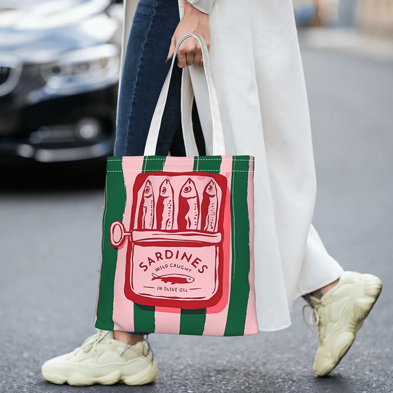 Canvas Sardine Colorful Maximalist Food Print Tote - Cute Shopping…