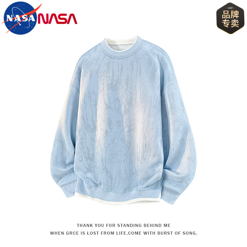Nasa Collaboration American Trendy Tie-Dye Fake Two-Piece Sweatshirt for Men, Spring and Autumn High-End Stylish Couple Loose Top for Men