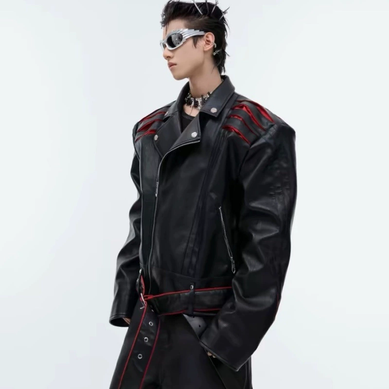 Niche deconstructed spinal compression pleated design short leather jacket heavy industry splicing high-end motorcycle jacket