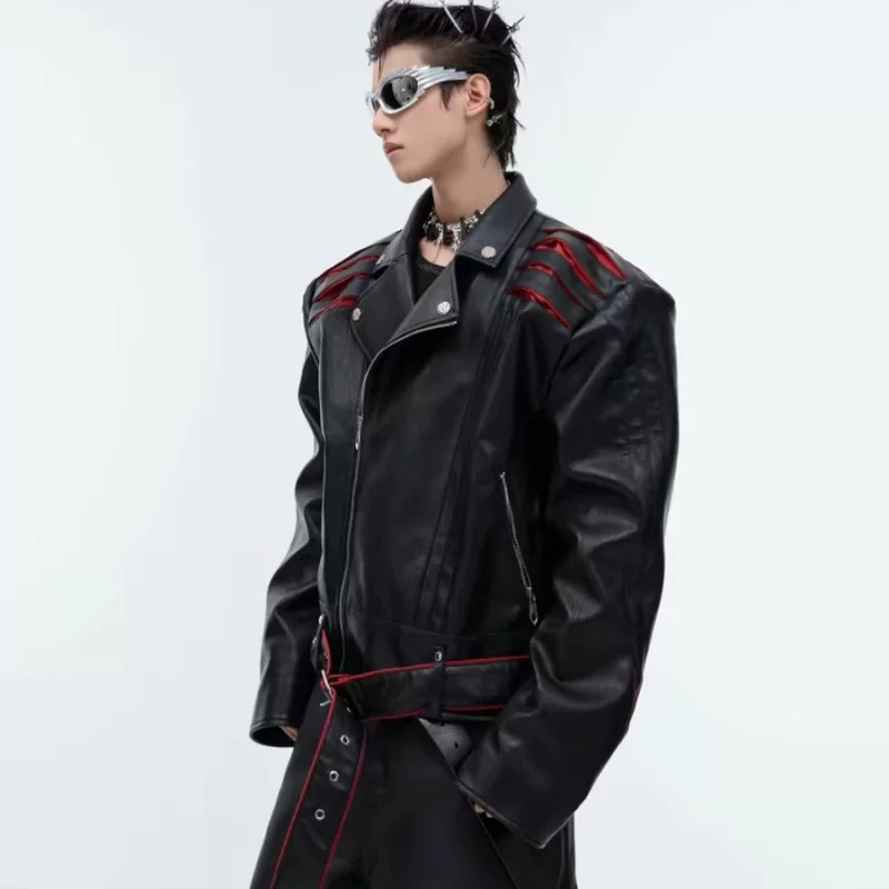 Niche deconstructed spinal compression pleated design short leather jacket heavy industry splicing high-end motorcycle jacket