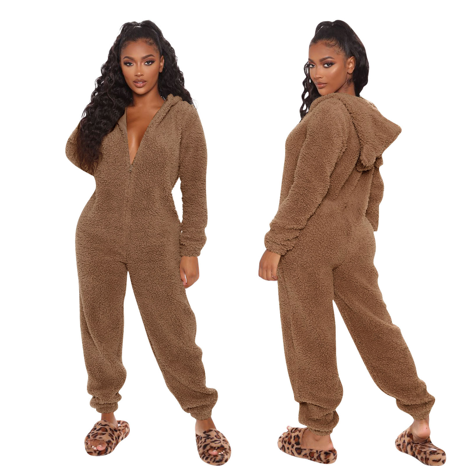 Pijama con capucha de piel gruesa y felpa para mujer, otoño e invierno, ropa de mujer, 22 colores_voghion.com