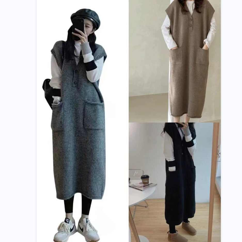 Осень и зима Новый корейский случайные женщины цвет Свободный Длинный свитер V шеи свитер юбка