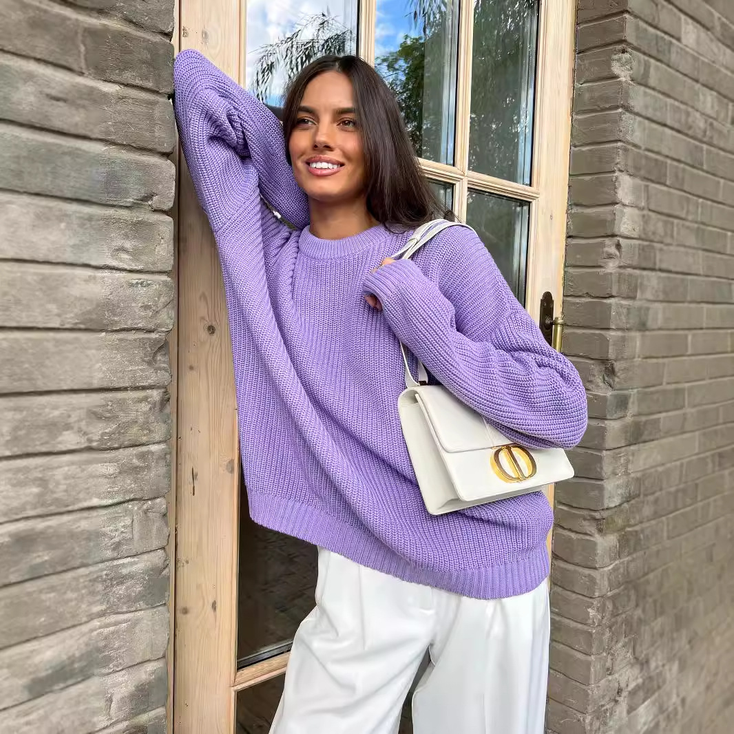 011 AliExpress Amazon Suéter de mujer cuello redondo suelto color sólido popular transfronterizo Otoño e Invierno Suéter de mujer europea y americana