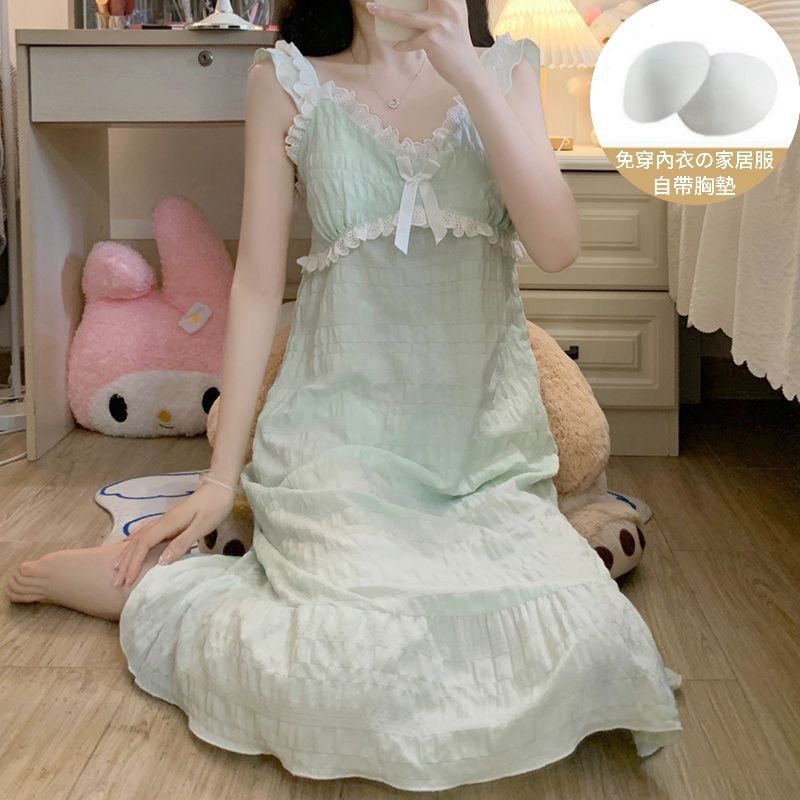 Camisón con almohadilla para el pecho falda de tirantes para mujer de verano nube algodón fino encaje dulce pijama de longitud media color sólido transfronterizo