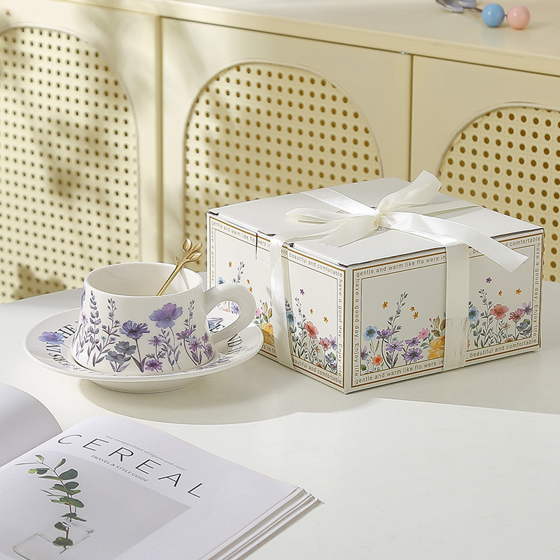 Retro estilo alto valor de la cara hacia el sol flores taza de café set de plato de cerámica para chicas regalo de cumpleaños