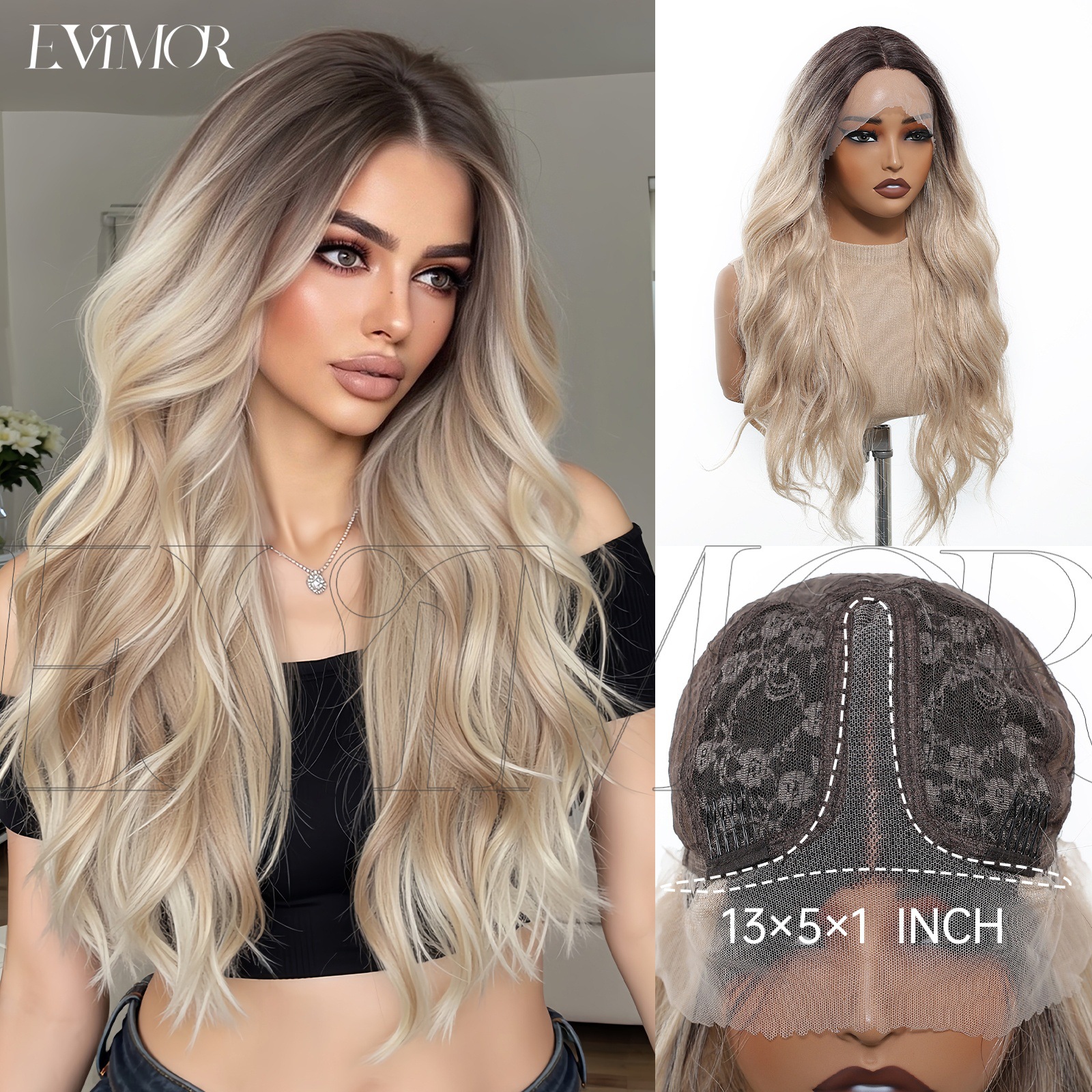 Ventas transfronterizas calientes gancho de mano pequeña T frente peluca de encaje mujer cubierta de cabeza completa oro gradiente dividido en rollo largo encontrado encaje