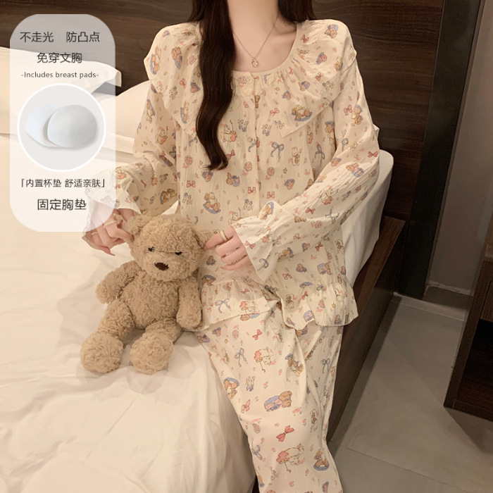 新款卡通花边娃娃领云朵棉长袖睡衣女春秋款冬季甜美风家居服批发|undefined