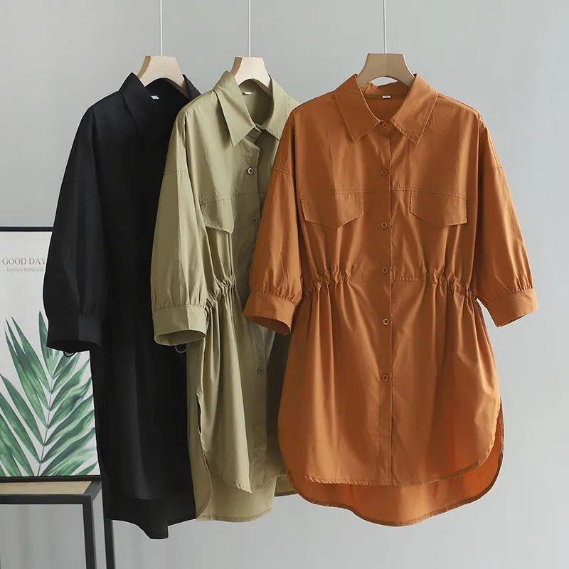 Mid-Length Shirt Dress for Women, New Summer Korean Style, Loose Drawstring Waist, Slimming Mid-Sleeve Shirt, Women's Top Jacket