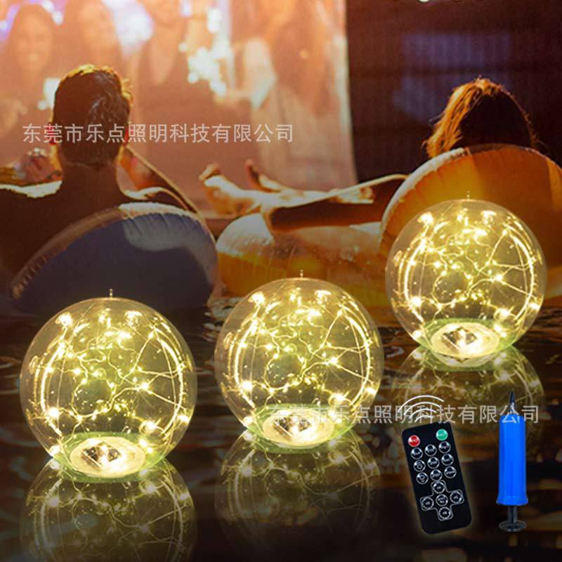 跨境爆款充气式太阳能浮动泳池灯14英寸暖色灯发光球带遥控器