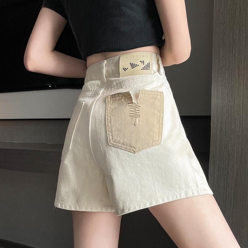 Off-White Denim Shorts with High Waist, Suitable for Women with Wide Hips and Thick Thighs, Wide-Leg Pants for Petite Women, Summer