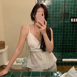 韩国chic夏季法式小性感V领修身显瘦拼接压褶打底吊带背心上衣