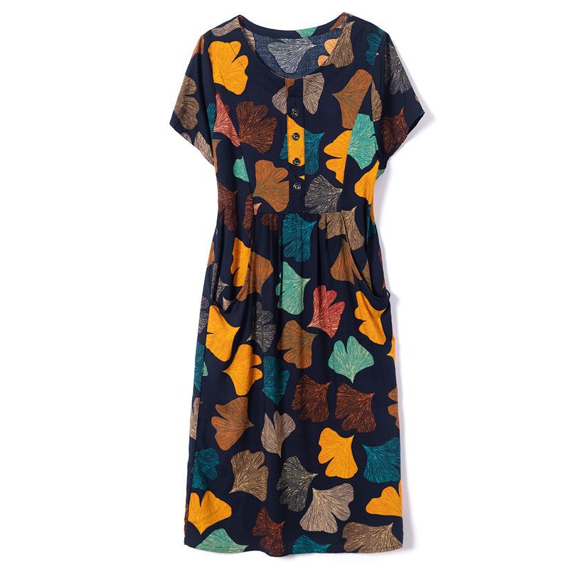 Summer Cotton Silk New Style Over-The-Knee Dress for Middle-Aged and Elderly Women, Mid-Length, Plus Size, Loose Short-Sleeve Dress for 50-60 Year Old Moms