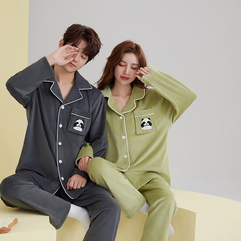 아일랜드 벨벳 파자마 여성 GUOFENG 팬더 카디건 남성 홈 옷 옷깃 느슨한 고급 벨벳 가을과 겨울 커플 잠옷