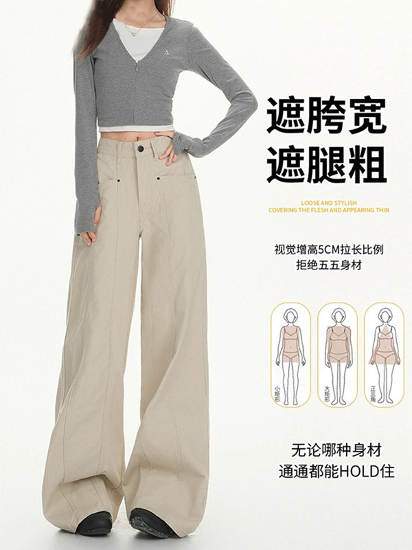 美式复古工装阔腿牛仔裤2025秋季新款高腰显瘦宽松直筒拖地长裤女|undefined