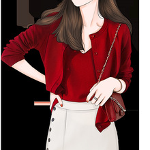 2021新款春季红色针织毛衣套装女长袖开衫外套内搭女装背心两件套