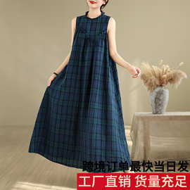 实拍2026新款棉麻大码格子背心裙胸前拼接边无袖连衣裙
