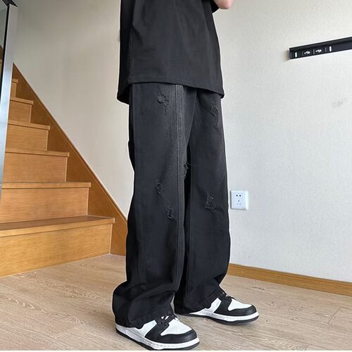 Washed-out denim jeans with an American streetwear vibe, cool and rebellious pants, autumn trendy brand, versatile and loose straight-leg 9/10 pants