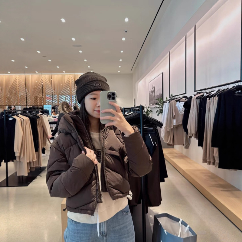 alo冬季立领连帽短款羽绒服女保暖假两件双层拉链抽绳白鸭绒外套|undefined