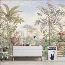 法式手绘西洋画电视背景墙壁画热带植物风景壁纸客厅卧室墙布