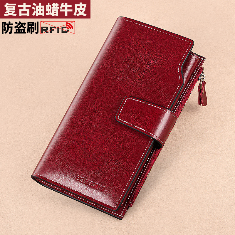 Cross-border Amazon European and American Women's Long RFID Anti-scan Leather Wallet Oil Wax Cowhide Women's Wallet Card Bag