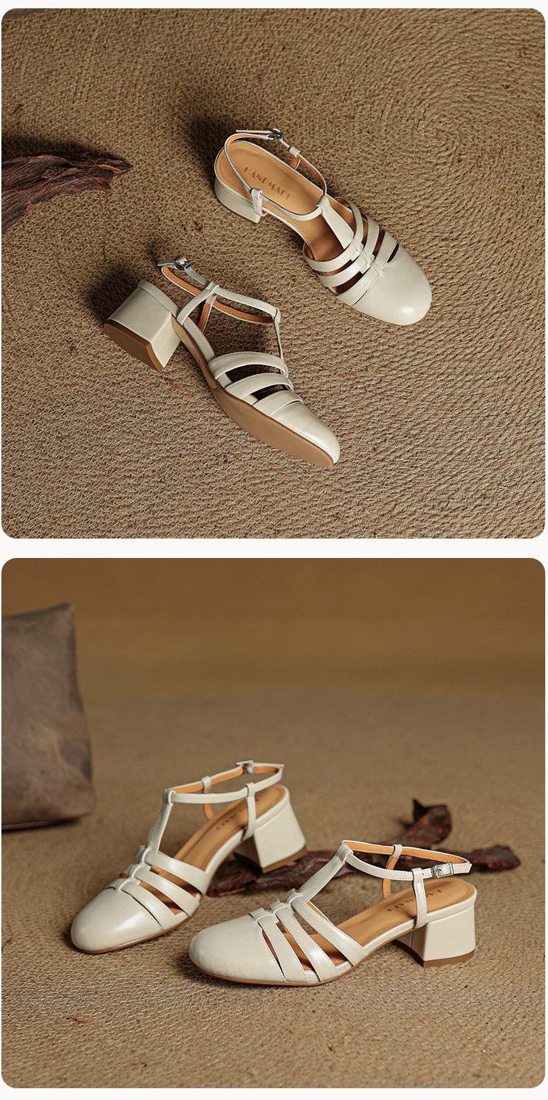 Sandal nữ da bò dệt rỗng mũi hở gót thô cao phong cách La Mã — màu nâu chi tiết 24