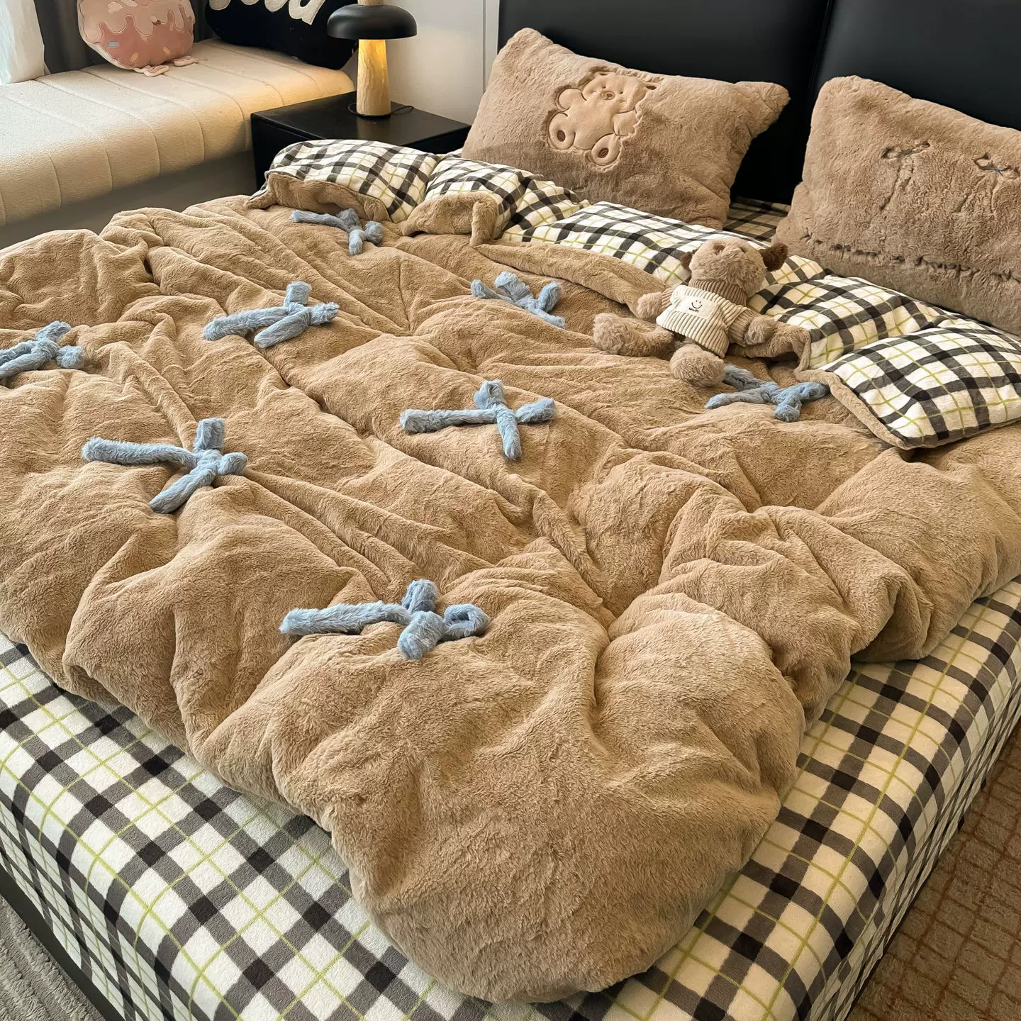 ins少女心蝴蝶结牛奶绒四件套秋冬款可爱卡通床单加厚珊瑚绒被套