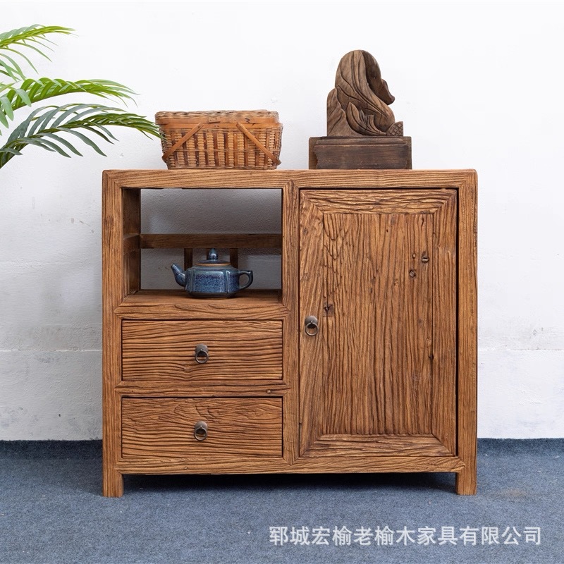 Old Elm Tea Cabinet, Solid Wood, New Chinese Style Storage Cabinet, Living Room Entrance Cabinet, Shoe Cabinet, Weathered Texture Cabinet