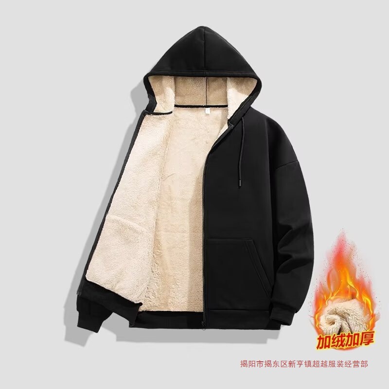 Winter Fleece-Lined Large Size Lamb Wool Sweatshirt for Men, Black Fleece Jacket, Loose Zipper Hooded Cardigan Sweatshirt for Men