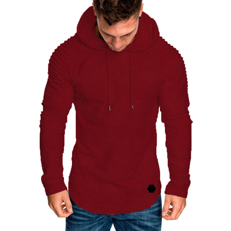 Men's Clothing Autumn and Winter New Round Neck Slim Fit Solid Color Hooded Long Sleeve Sweater Striped Pleated Raglan Sleeve Men's Clothing_voghion.com