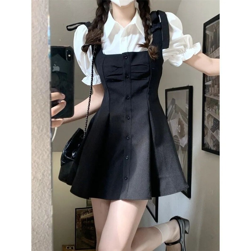 White Puff-Sleeved Short-Sleeved Shirt for Women, New Summer Style Butterfly Tie Waist Dress, Suspender Skirt Suit White Puff-Sleeved Short-Sleeved Shirt for Women, New Summer Style Butterfly Tie Waist Dress, Suspender Skirt Suit