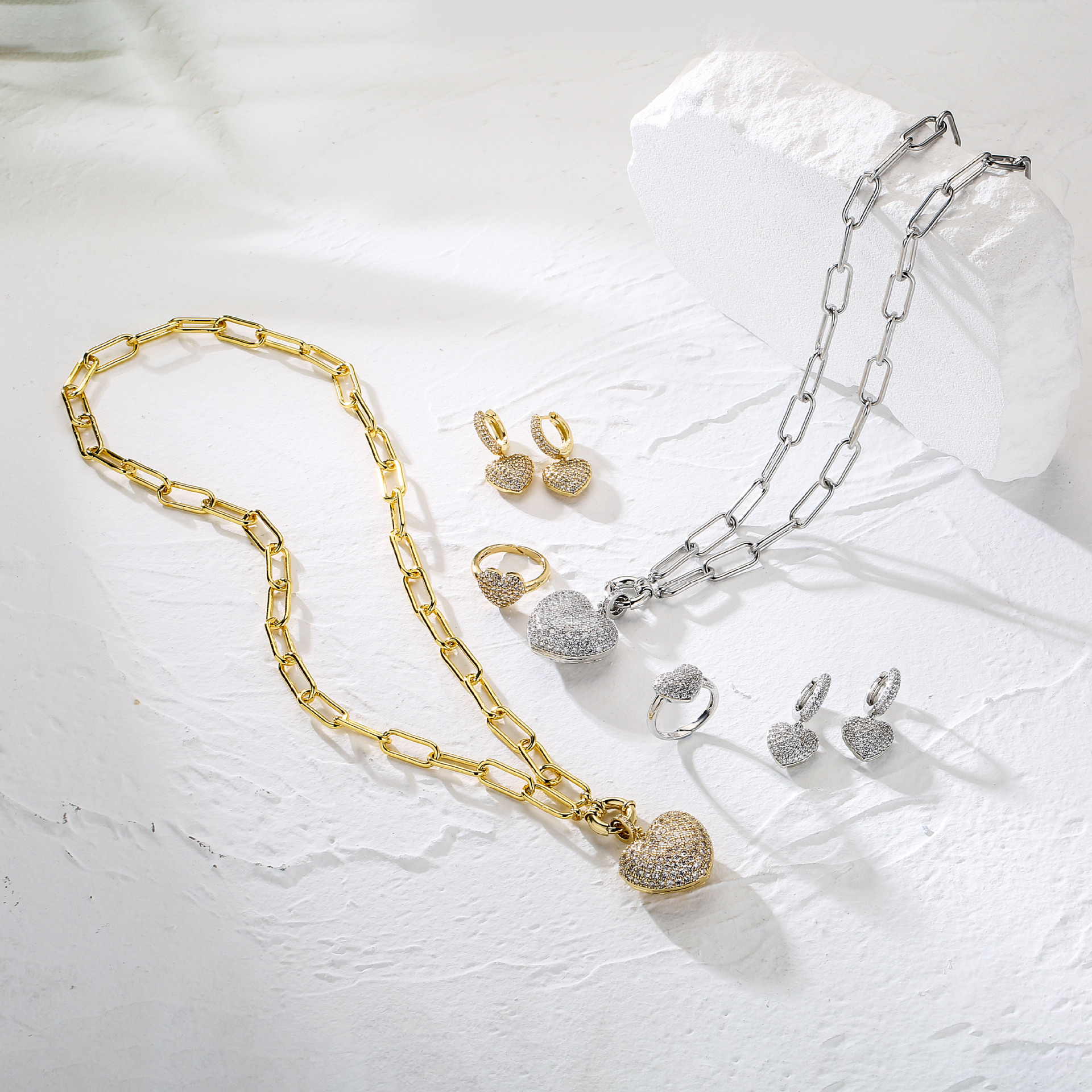 Fashion Heart Shape Copper Inlay Zircon Rings Earrings Necklace