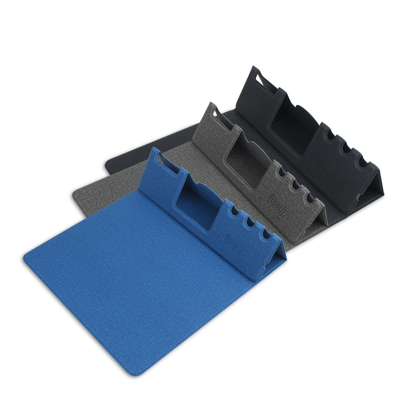 Carga rápida Soporte multifunción para teléfono móvil Alfombrilla de escritorio electrónica de oficina Escritorio de almacenamiento Cargador inalámbrico Alfombrilla de ratón de cuero