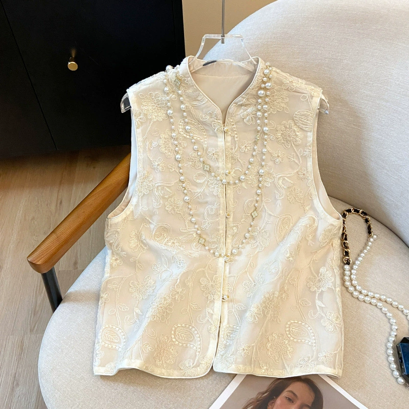 2025 летний новый ретро новый китайский стиль усовершенствования литературной вышивки тонкий воротник жилет топ женский