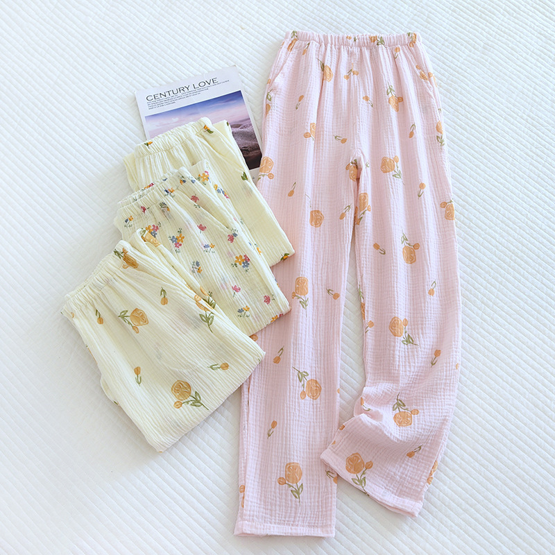 Spring And Summer New Trousers Women's Cute Flowers Thin Section 100%Cotton Crepe Casual Pants Loose Home Pants Women Bottoms