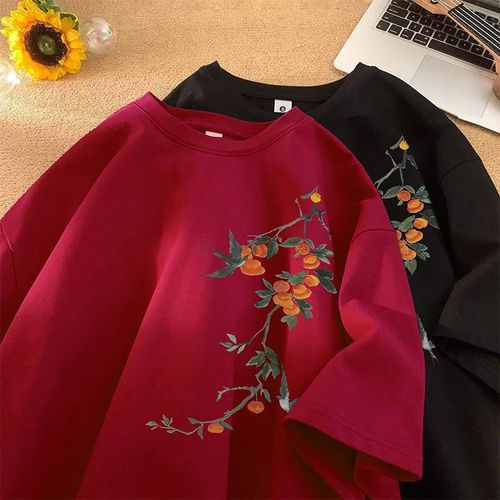 Wine Red New Chinese Style Men's Clothing Chinese Style Short Sleeve T-Shirt for Men Couple Design Sense Heavyweight 200g Summer 7/8 Sleeve