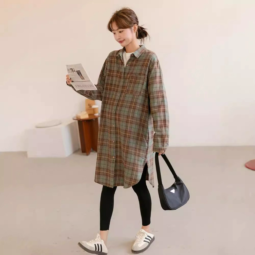 Осенняя и зимняя одежда для беременных мода шерстистая клетчатая рубашка длинная свободная повседневная карточка с воротником с длинными рукавами