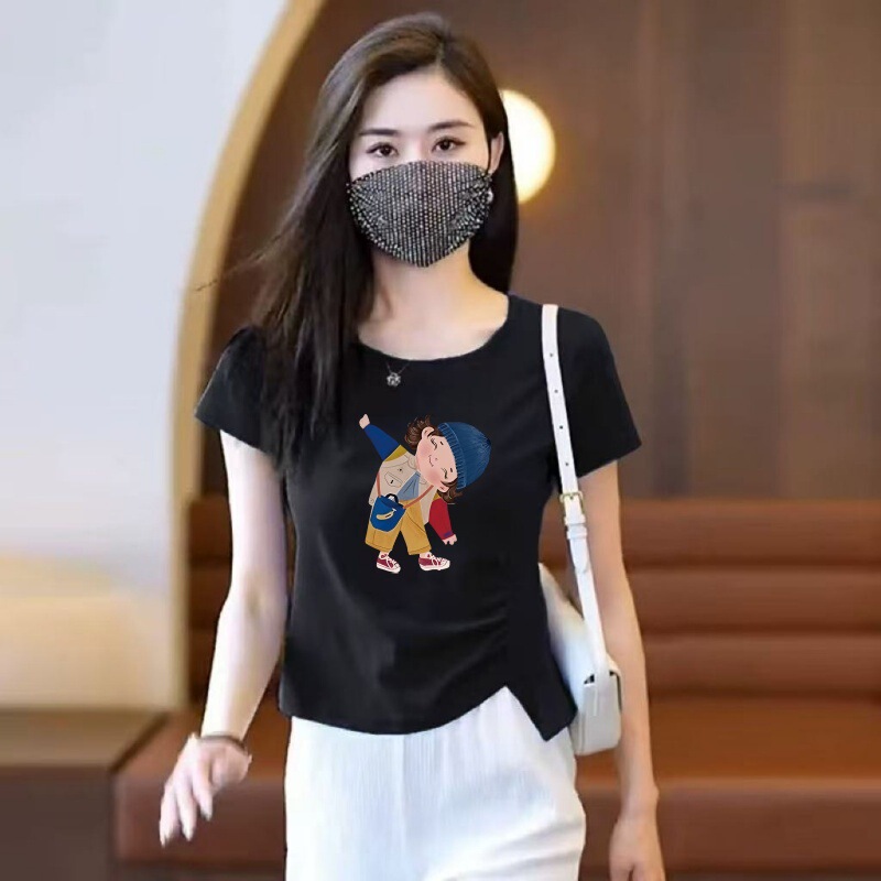 New Loose-Fitting Plus-Size Women's Short-Sleeve T-Shirt with a Slimming Effect and Printed Design for Moms, Suitable for Covering the Belly New Loose-Fitting Plus-Size Women's Short-Sleeve T-Shirt with a Slimming Effect and Printed Design for Moms, Suitable for Covering the Belly