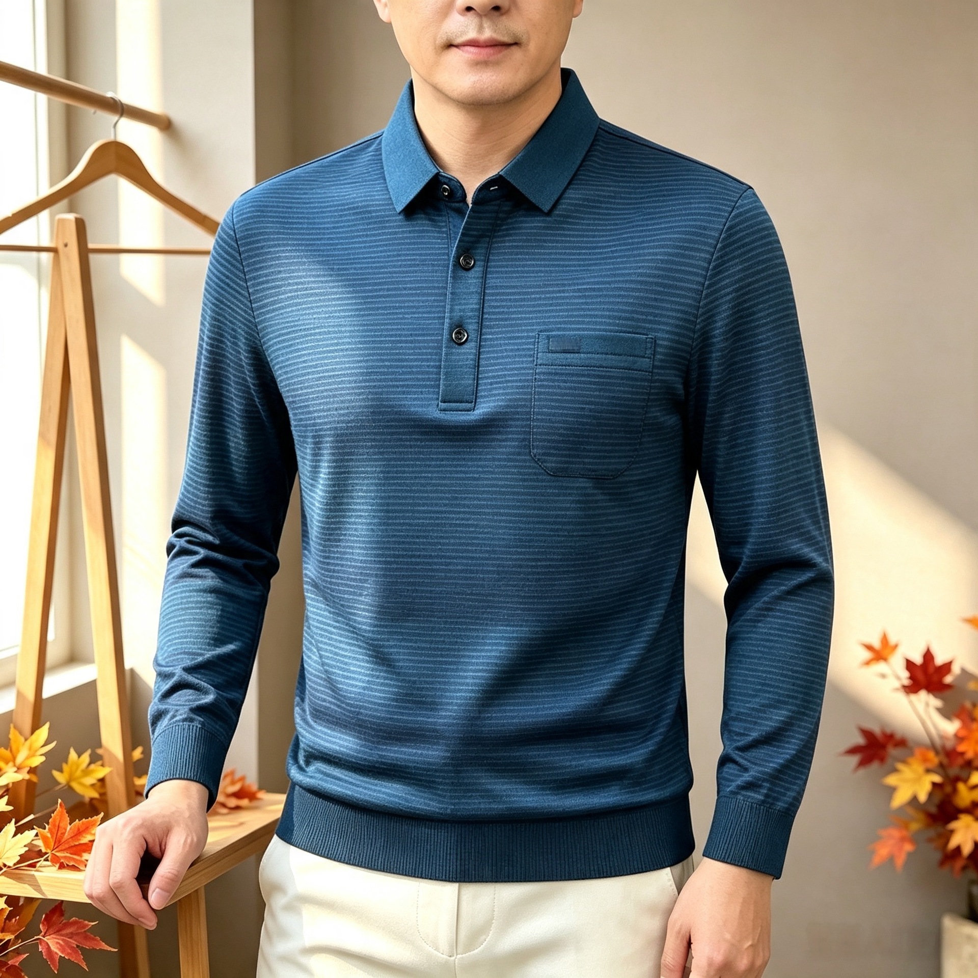 Comfortable, breathable, stylish, and simple striped long-sleeved T-shirt for middle-aged men, new spring and autumn style, versatile base layer.