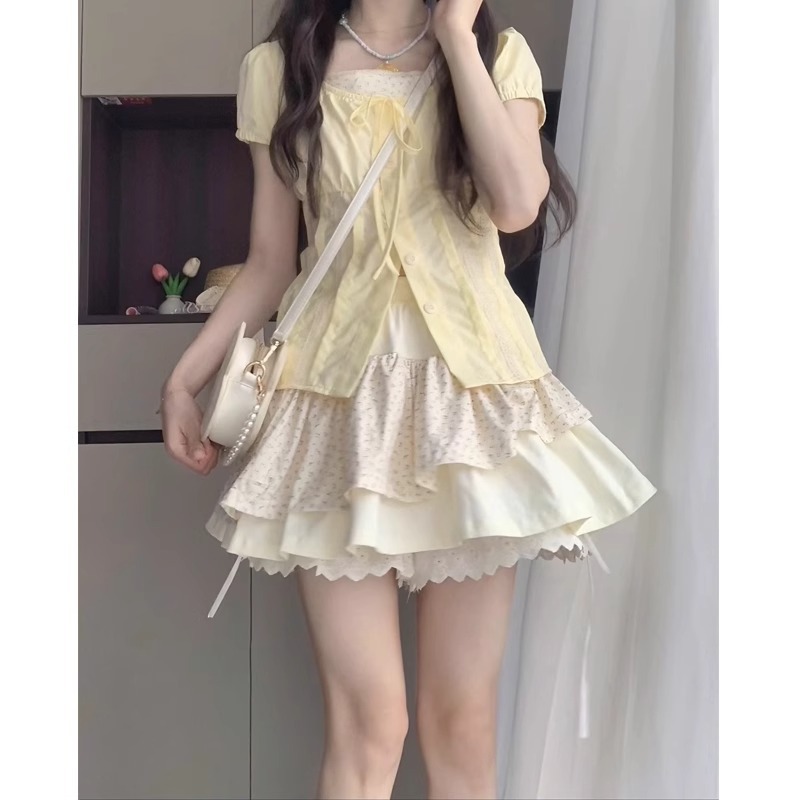 부드럽고 달콤한 소녀의 우아한 의상 정장 스커트 여성 여름 휴가 투피스 허리 셔츠 꽃무늬 플리츠 짧은 스커트 투피스 세트
