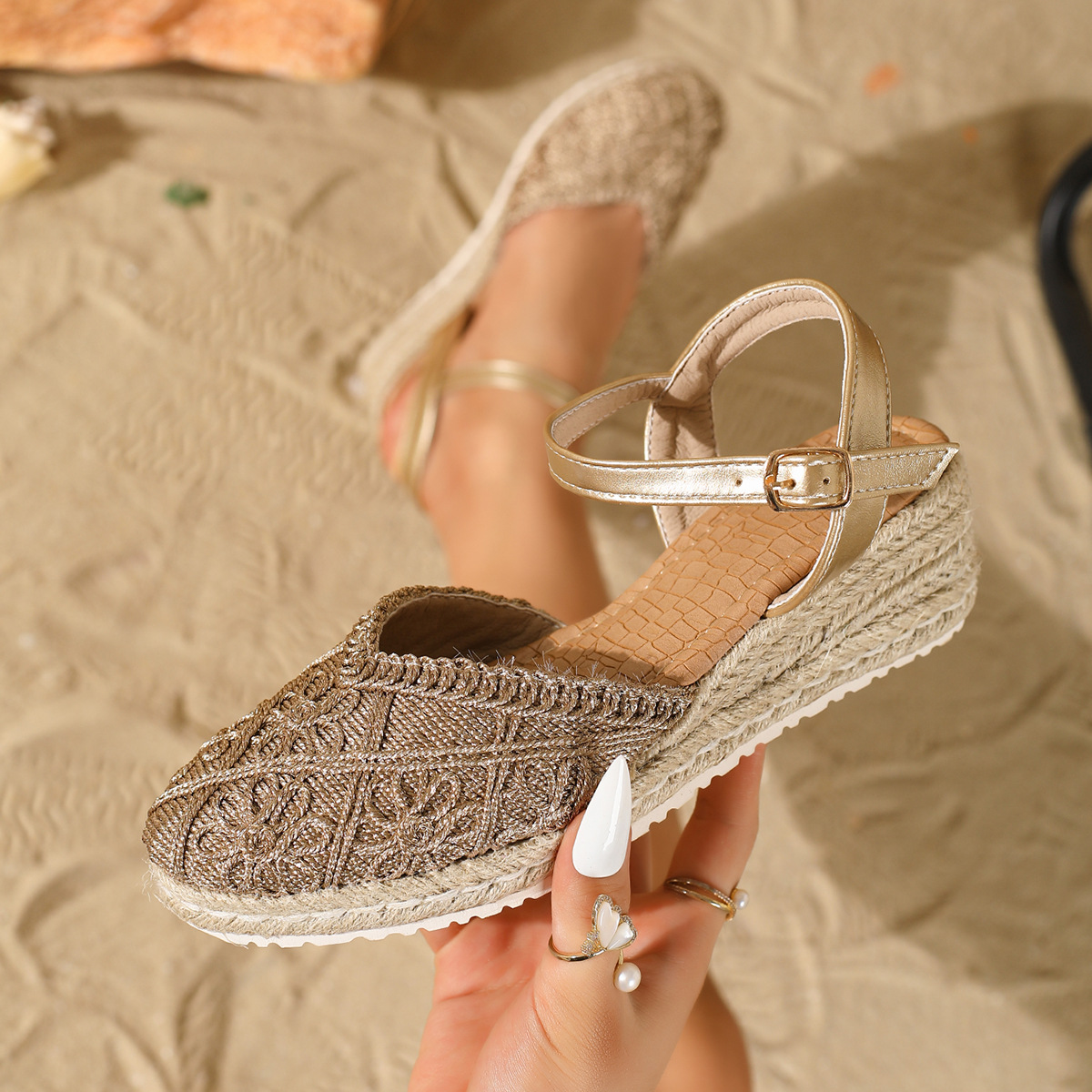 Sandalias de Cuña con Suela de Cáñamo en Lino con Cierre de Hebilla image 10