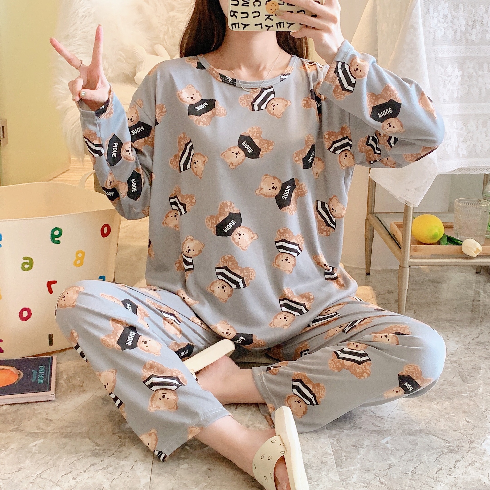 Pijamas mujer otoño estudiante ins manga larga primavera y otoño estilo coreano