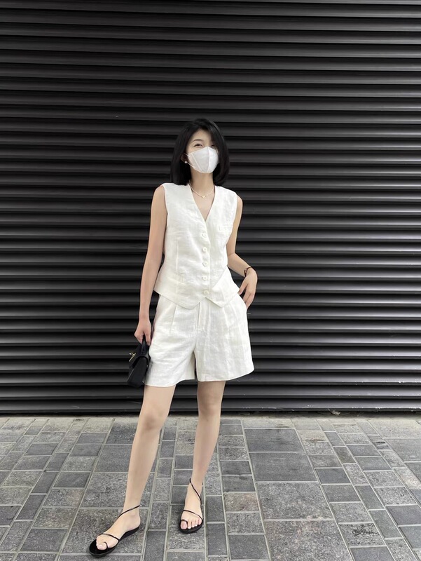 2025老銭風亜麻の白い馬甲半ズボンセットのおしゃれなレトロな馬甲セットの女性|undefined