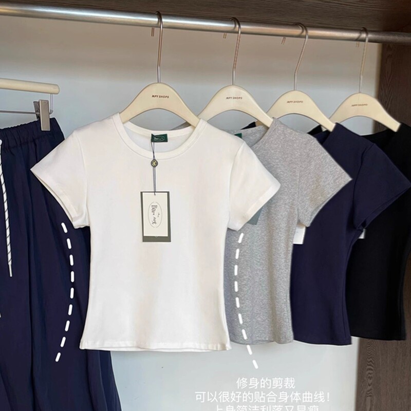 Korean Brand @Baanai Full Range of Products【Regular Shoulder Slim-Fit Tee】Elastic Slim-Fit Super Slimming Round Neck Regular Shoulder Short-Sleeve T-Shirt